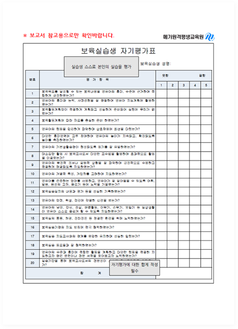 �����ǽ��� �ڱ���ǥ. �ǽ����� �ǽ� ���� �� ������ �ǽ��� �׸񺰷� ���ϴ� ������, �� 20�� ���׿� ���� 1������ 5������ üũ�ϸ�, �� �׸��� �ǽ� ���� �µ�, ������, ���ƿ��� ��ȣ�ۿ�, ȯ�� ����, �ǽ� �� �غ�, �ǽ� �� ��°� �ݼ� ������ ������. ������ �׸񿡴� �ڱ��򰡿� ���� ���� �ۼ� ĭ�� ������, �ǽ��� ������ �ǽ����� ���Զ� ���Ե�.